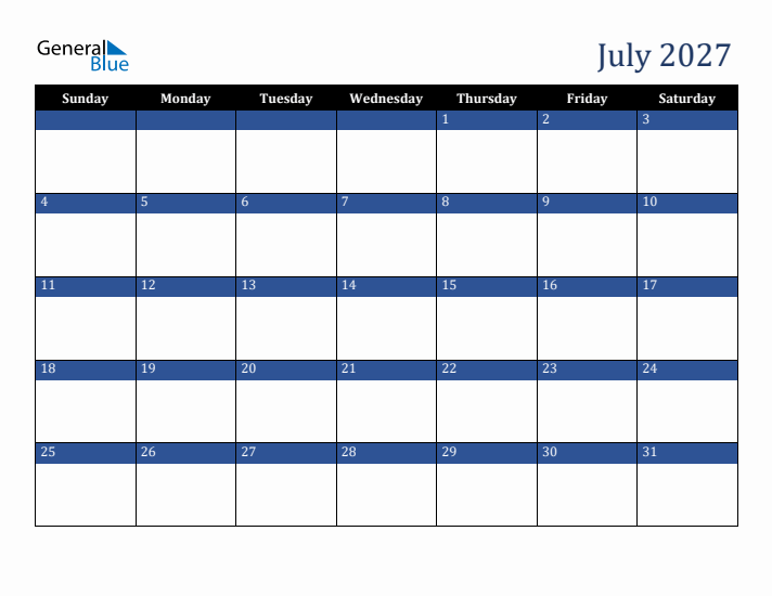 Sunday Start Calendar for July 2027