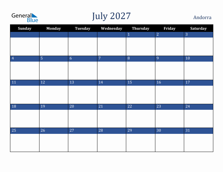 July 2027 Andorra Calendar (Sunday Start)