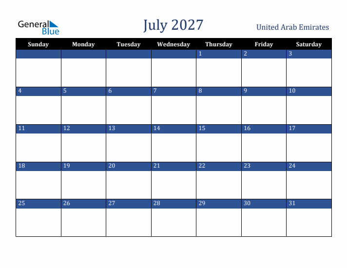 July 2027 United Arab Emirates Calendar (Sunday Start)
