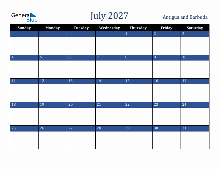 July 2027 Antigua and Barbuda Calendar (Sunday Start)