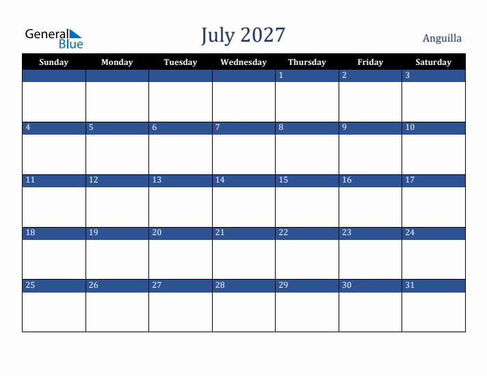 July 2027 Anguilla Calendar (Sunday Start)