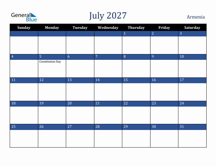 July 2027 Armenia Calendar (Sunday Start)