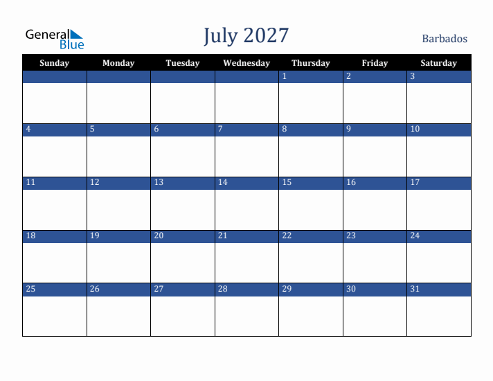 July 2027 Barbados Calendar (Sunday Start)
