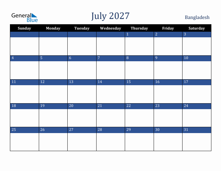 July 2027 Bangladesh Calendar (Sunday Start)