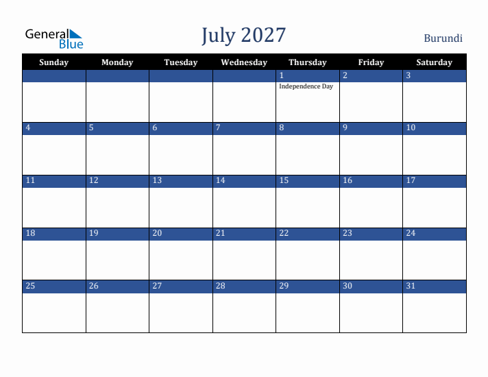 July 2027 Burundi Calendar (Sunday Start)