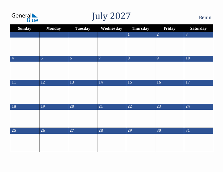 July 2027 Benin Calendar (Sunday Start)