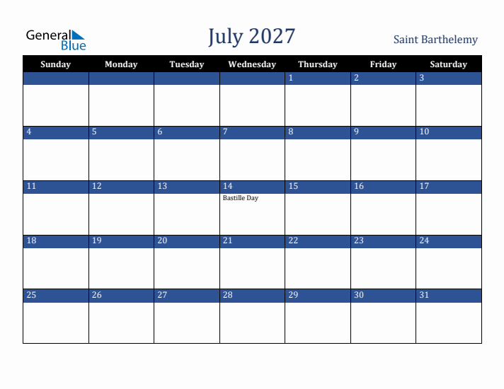 July 2027 Saint Barthelemy Calendar (Sunday Start)