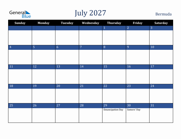 July 2027 Bermuda Calendar (Sunday Start)