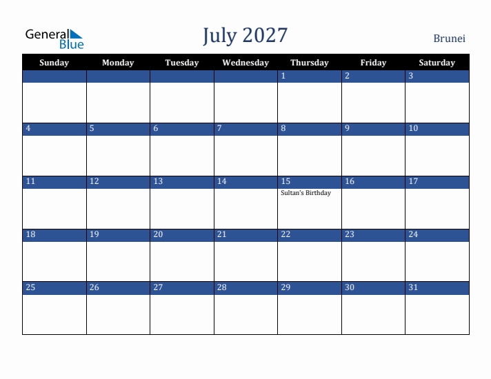 July 2027 Brunei Calendar (Sunday Start)