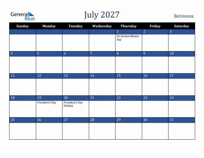 July 2027 Botswana Calendar (Sunday Start)