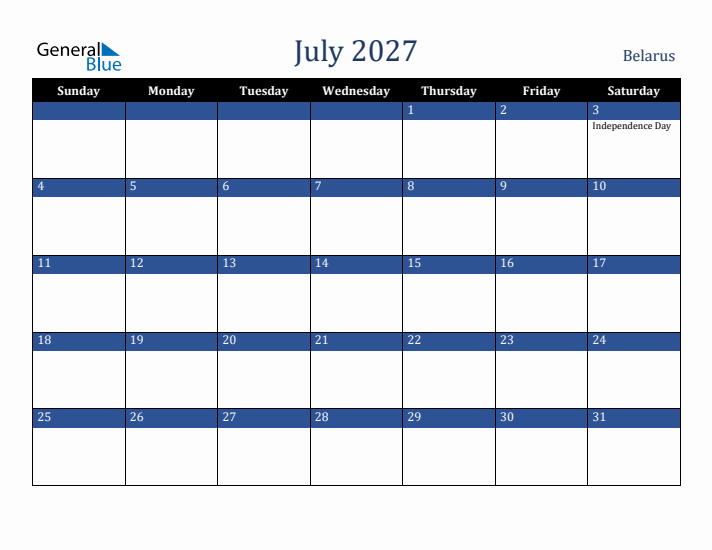 July 2027 Belarus Calendar (Sunday Start)