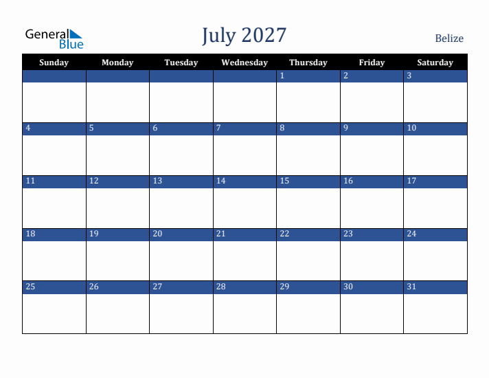 July 2027 Belize Calendar (Sunday Start)