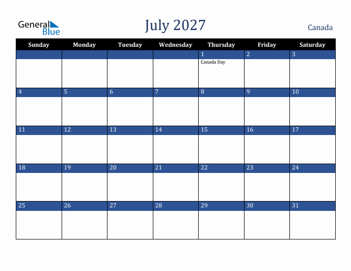 July 2027 Canada Calendar (Sunday Start)
