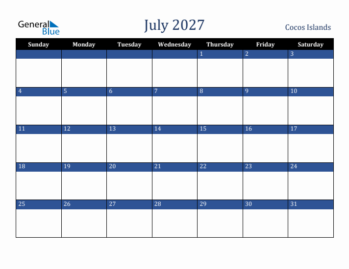 July 2027 Cocos Islands Calendar (Sunday Start)