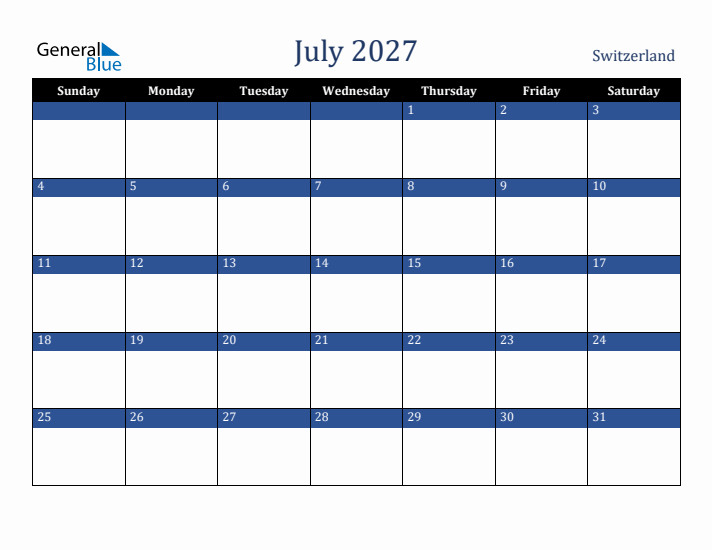 July 2027 Switzerland Calendar (Sunday Start)