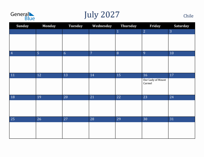 July 2027 Chile Calendar (Sunday Start)