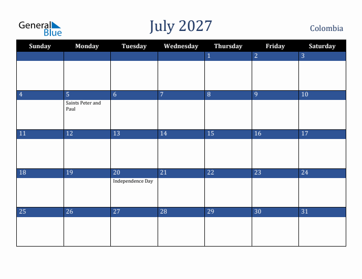 July 2027 Colombia Calendar (Sunday Start)