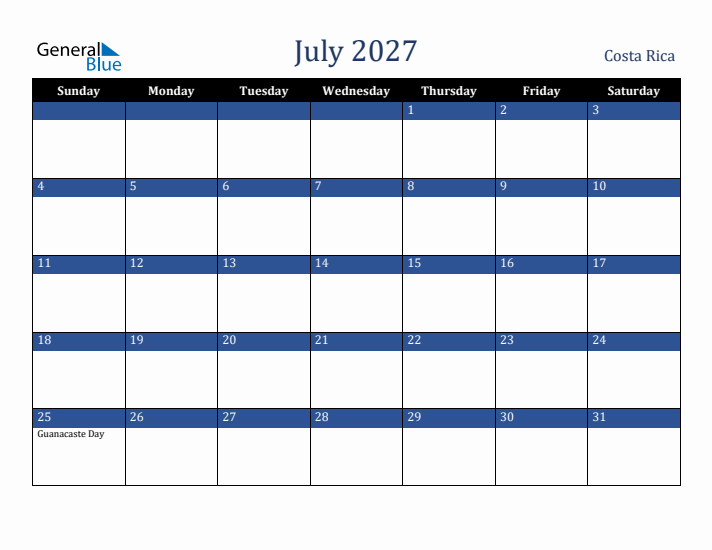July 2027 Costa Rica Calendar (Sunday Start)