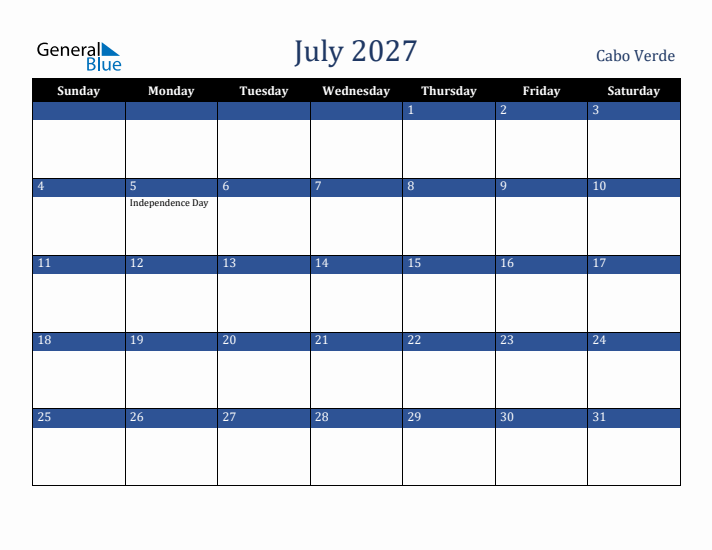 July 2027 Cabo Verde Calendar (Sunday Start)