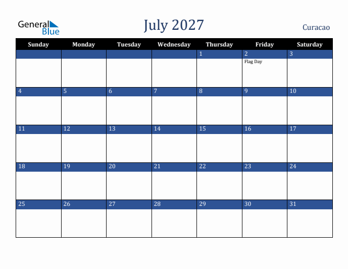 July 2027 Curacao Calendar (Sunday Start)