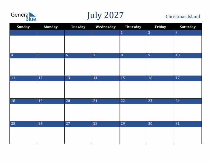 July 2027 Christmas Island Calendar (Sunday Start)