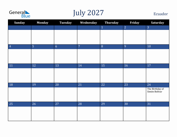 July 2027 Ecuador Calendar (Sunday Start)