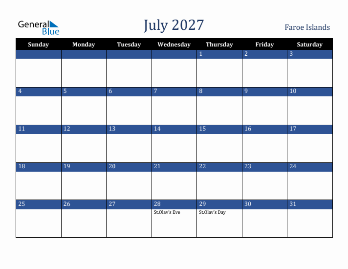 July 2027 Faroe Islands Calendar (Sunday Start)