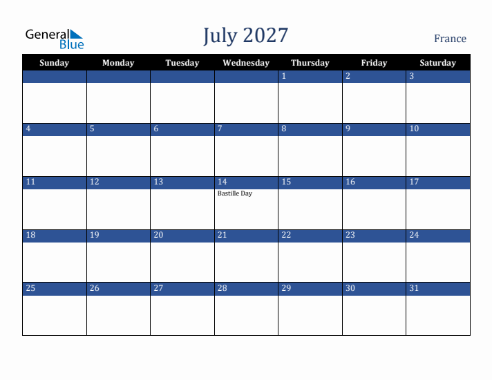 July 2027 France Calendar (Sunday Start)
