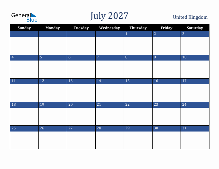 July 2027 United Kingdom Calendar (Sunday Start)