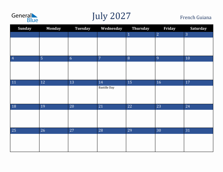 July 2027 French Guiana Calendar (Sunday Start)