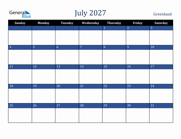 July 2027 Greenland Calendar (Sunday Start)