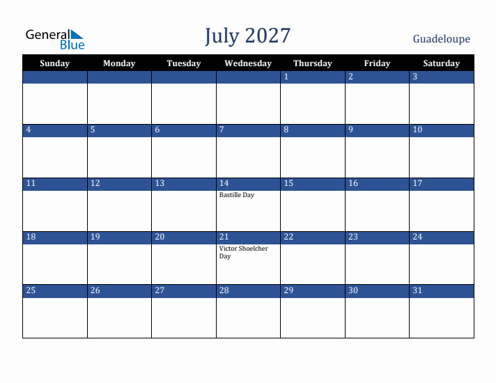 July 2027 Guadeloupe Calendar (Sunday Start)