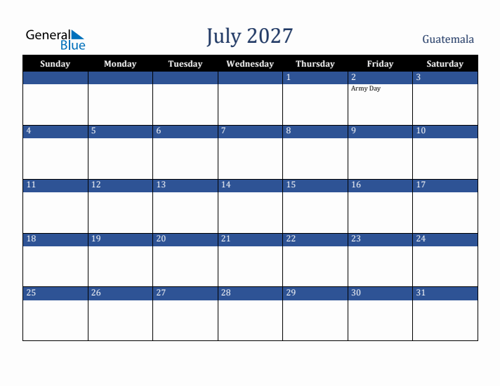 July 2027 Guatemala Calendar (Sunday Start)