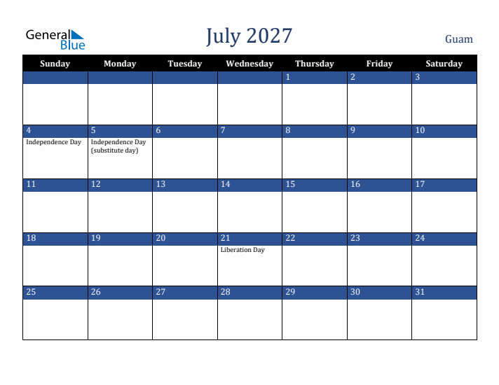 July 2027 Guam Calendar (Sunday Start)