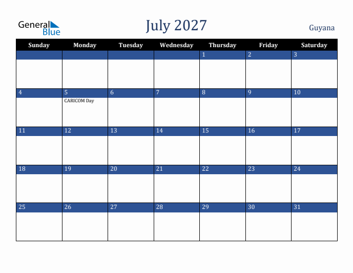July 2027 Guyana Calendar (Sunday Start)