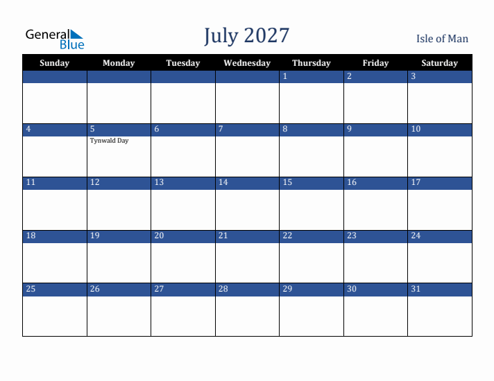 July 2027 Isle of Man Calendar (Sunday Start)