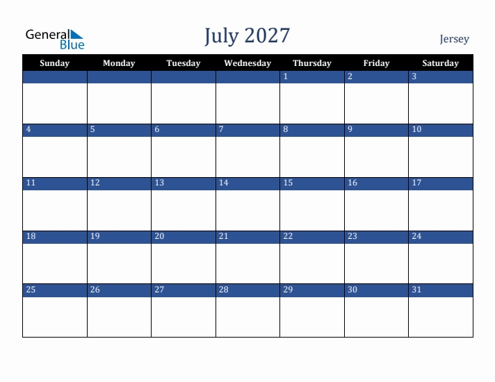 July 2027 Jersey Calendar (Sunday Start)