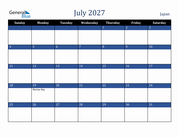 July 2027 Japan Calendar (Sunday Start)