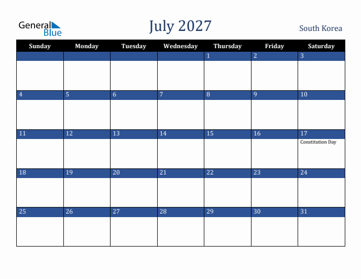 July 2027 South Korea Calendar (Sunday Start)