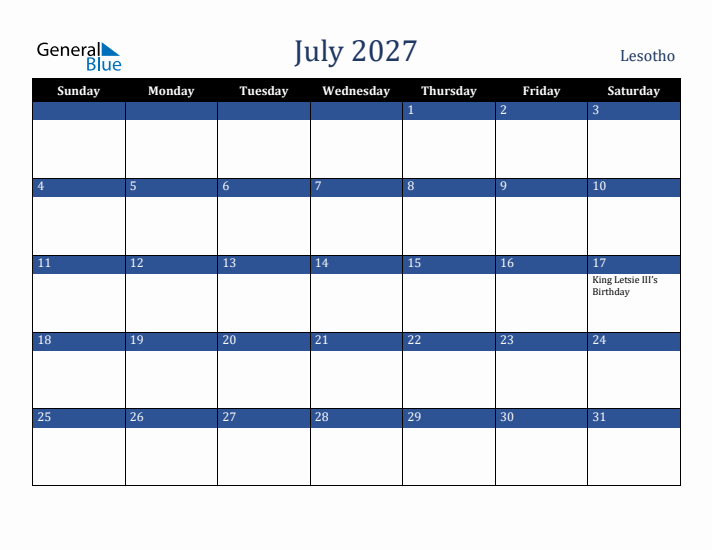 July 2027 Lesotho Calendar (Sunday Start)