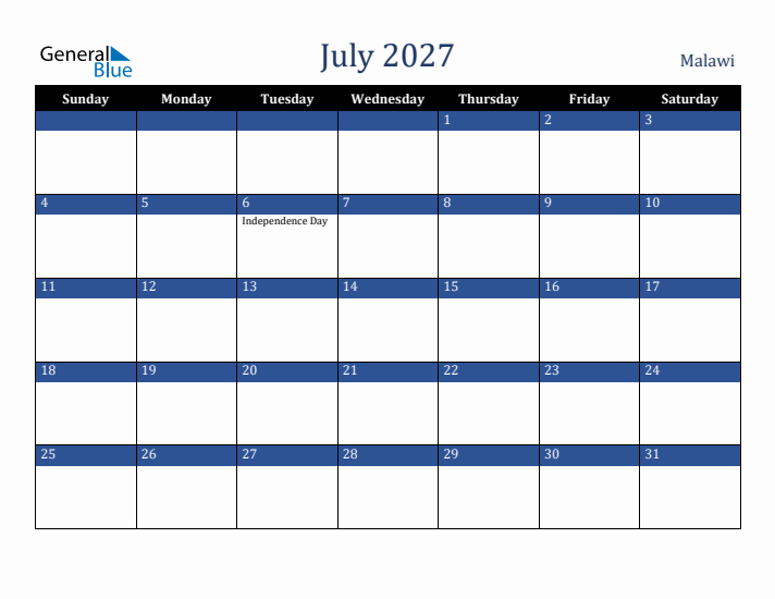 July 2027 Malawi Calendar (Sunday Start)