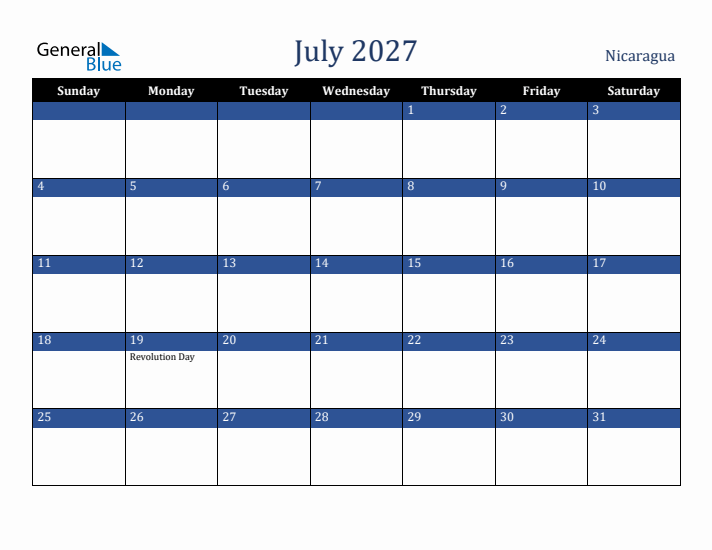 July 2027 Nicaragua Calendar (Sunday Start)