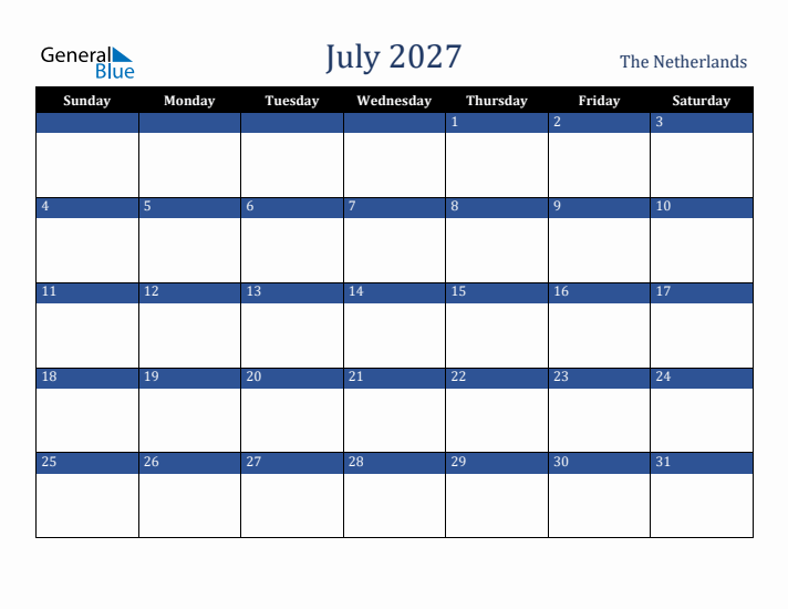 July 2027 The Netherlands Calendar (Sunday Start)