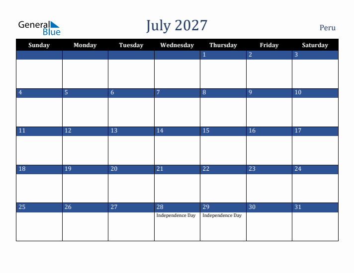 July 2027 Peru Calendar (Sunday Start)