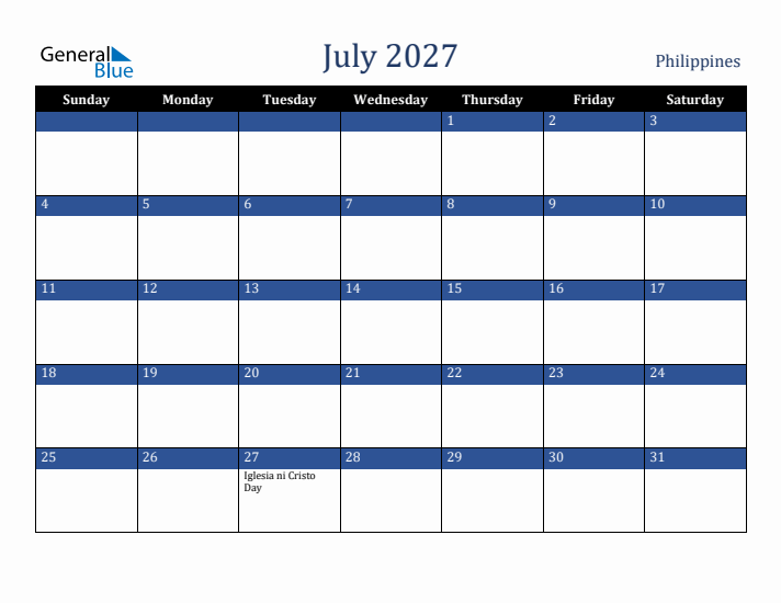 July 2027 Philippines Calendar (Sunday Start)