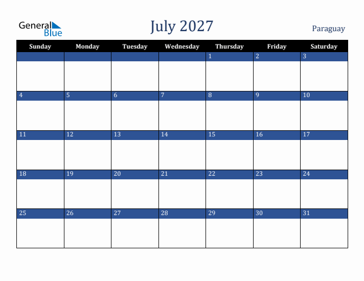 July 2027 Paraguay Calendar (Sunday Start)