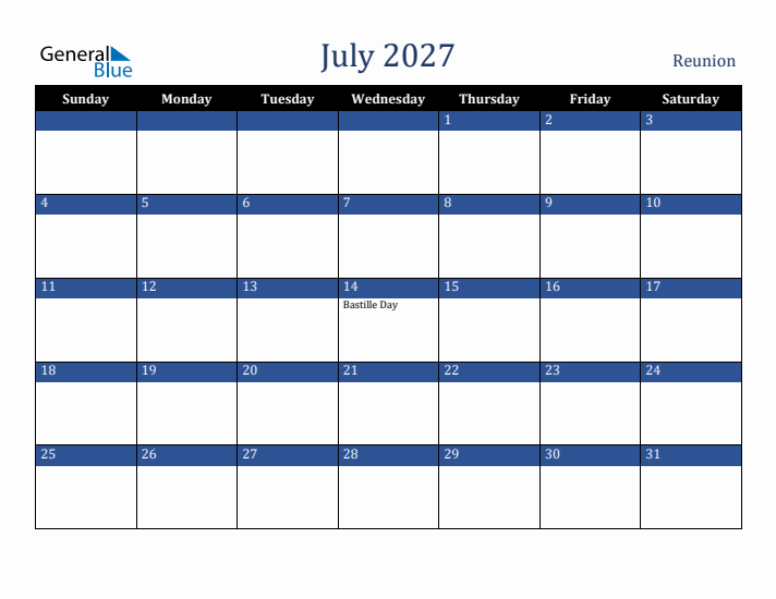 July 2027 Reunion Calendar (Sunday Start)