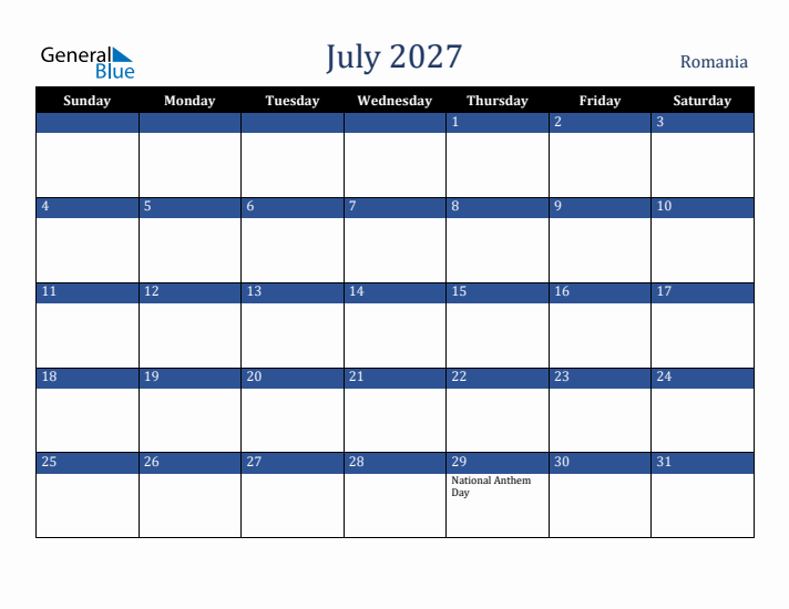 July 2027 Romania Calendar (Sunday Start)