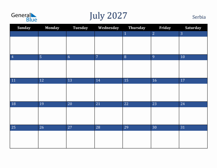 July 2027 Serbia Calendar (Sunday Start)