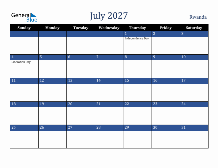 July 2027 Rwanda Calendar (Sunday Start)